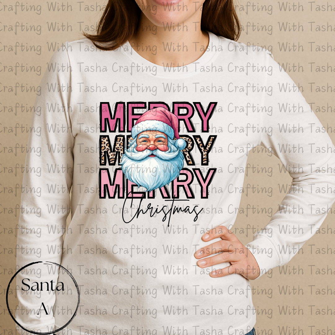 Merry Merry Merry Christmas Santa with Leopard Print Design – Customizable DTF Transfer, T-Shirt, Crew Neck, Hoodie, or Cup Transfer