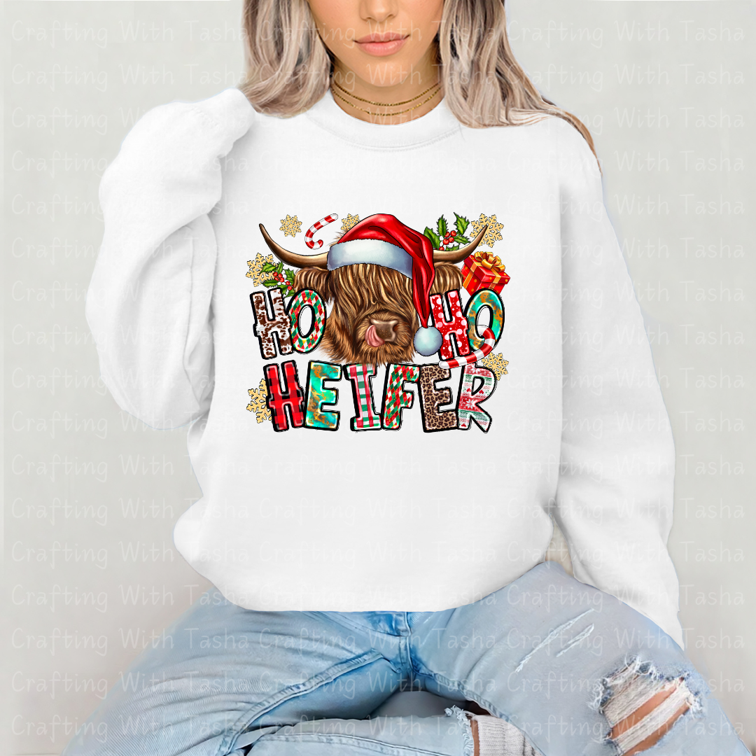 Ho Ho Ho Heifer Christmas Highland Cow Design – Customizable DTF Transfer, T-Shirt, Crew Neck, Hoodie, or Cup Transfer