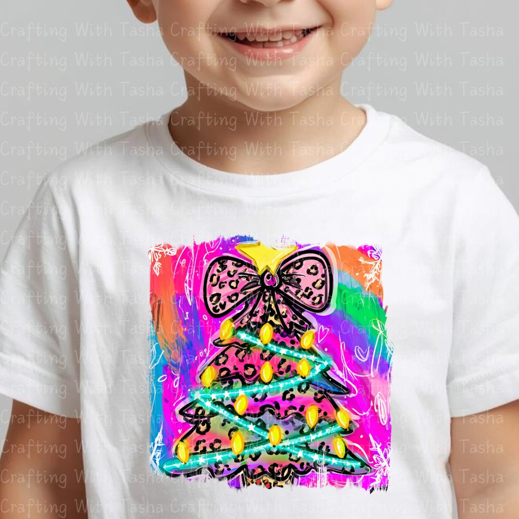 Neon Leopard Print Christmas Tree – Bright Retro Holiday DTF Transfer for Shirts, Hoodies & Tumblers