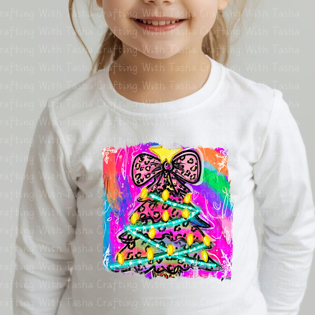Neon Leopard Print Christmas Tree – Bright Retro Holiday DTF Transfer for Shirts, Hoodies & Tumblers