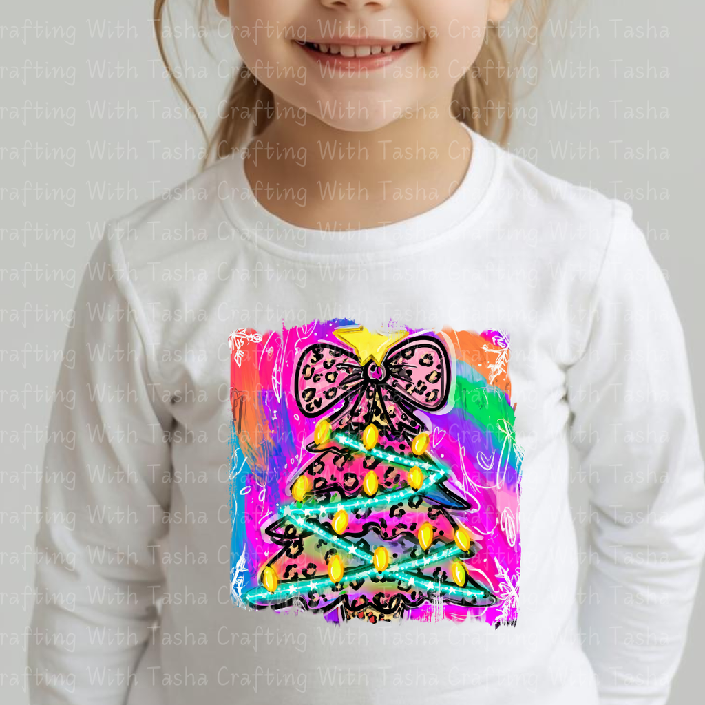 Neon Leopard Print Christmas Tree – Bright Retro Holiday DTF Transfer for Shirts, Hoodies & Tumblers