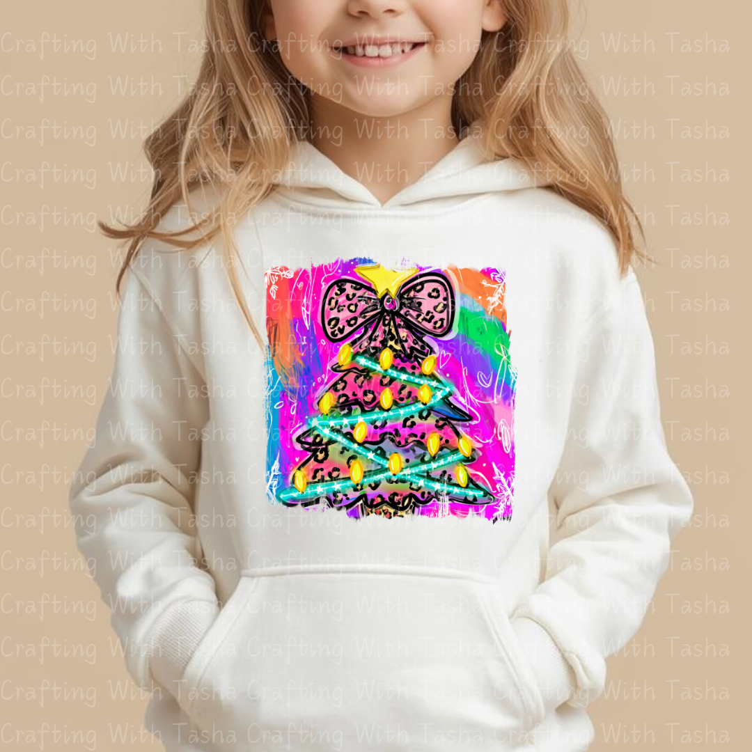 Neon Leopard Print Christmas Tree – Bright Retro Holiday DTF Transfer for Shirts, Hoodies & Tumblers