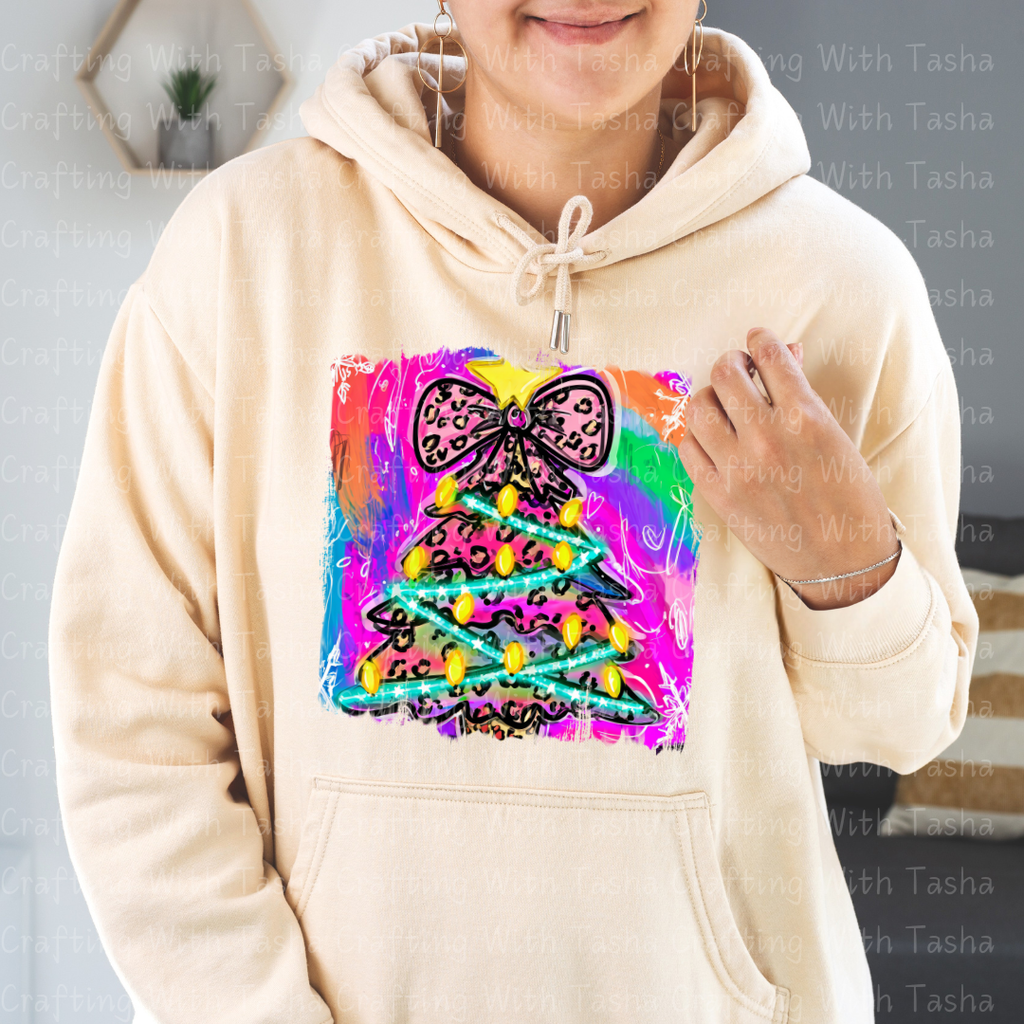 Neon Leopard Print Christmas Tree – Bright Retro Holiday DTF Transfer for Shirts, Hoodies & Tumblers