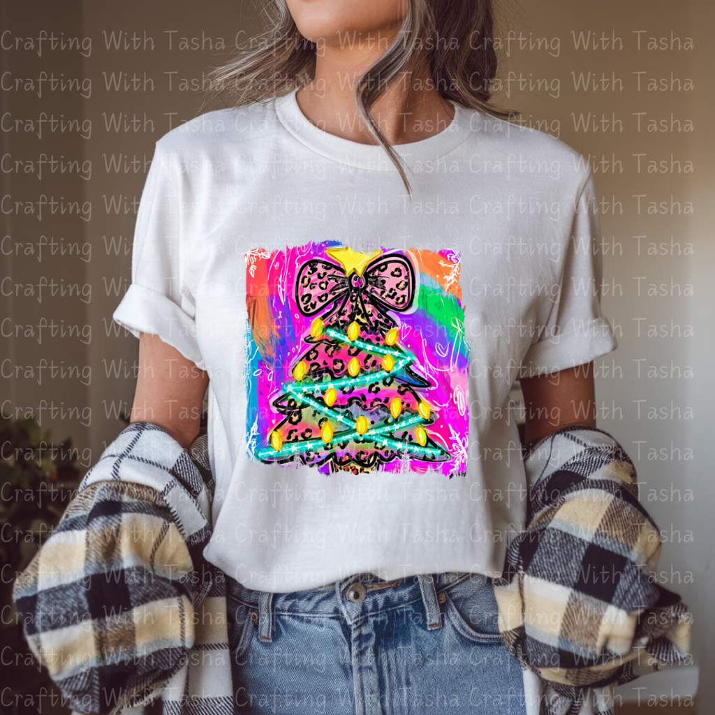 Neon Leopard Print Christmas Tree – Bright Retro Holiday DTF Transfer for Shirts, Hoodies & Tumblers