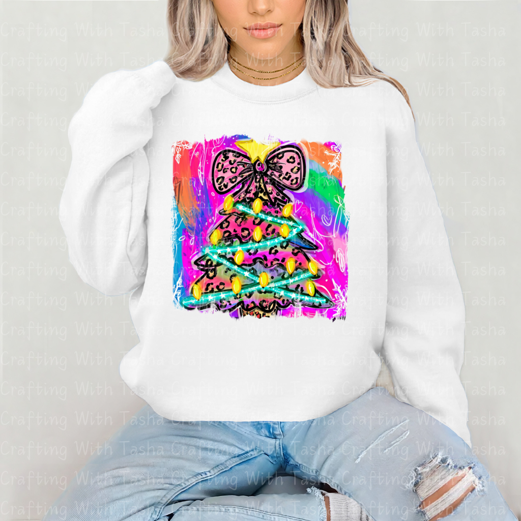 Neon Leopard Print Christmas Tree – Bright Retro Holiday DTF Transfer for Shirts, Hoodies & Tumblers