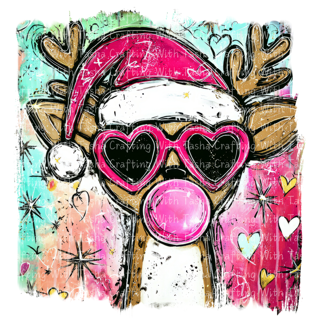 Trendy Bubblegum Reindeer Christmas Design – Pink Heart Glasses DTF Transfer for Shirts, Hoodies & Tumblers