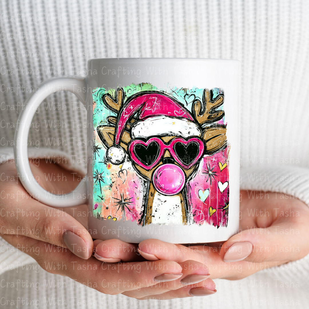 Trendy Bubblegum Reindeer Christmas Design – Pink Heart Glasses DTF Transfer for Shirts, Hoodies & Tumblers