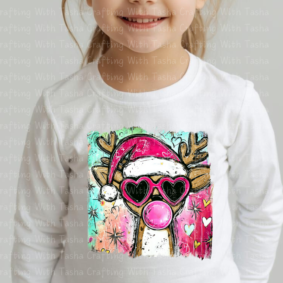 Trendy Bubblegum Reindeer Christmas Design – Pink Heart Glasses DTF Transfer for Shirts, Hoodies & Tumblers