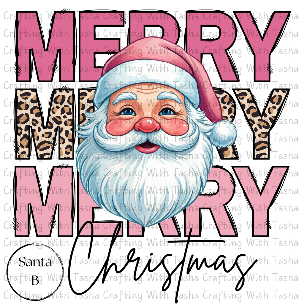 Merry Merry Merry Christmas Santa B with Leopard Print Design – Customizable DTF Transfer, T-Shirt, Crew Neck, Hoodie, or Cup Transfer