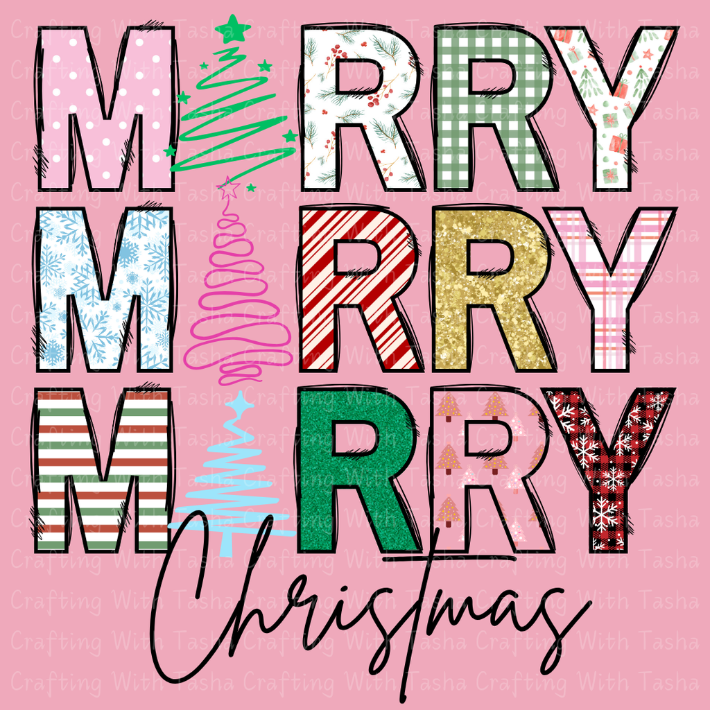 Colorful Patterned Merry Merry Merry Christmas Design – Customizable DTF Transfer, T-Shirt, Crew Neck, Hoodie, or Cup Transfer