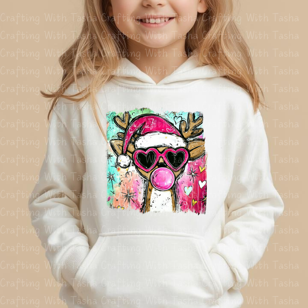 Trendy Bubblegum Reindeer Christmas Design – Pink Heart Glasses DTF Transfer for Shirts, Hoodies & Tumblers