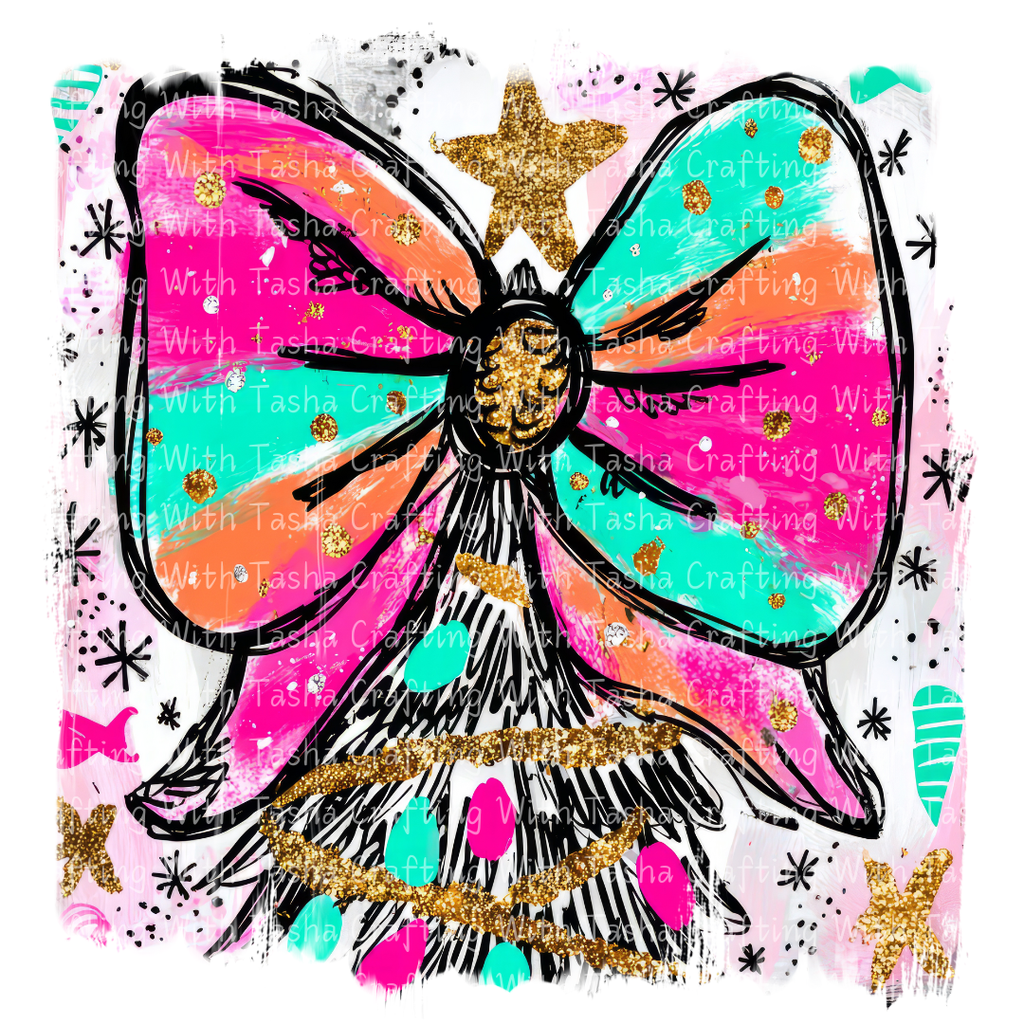 Bright Bow Christmas Tree Design – Glitter Pastel DTF Transfer for Shirts, Hoodies & Tumblers