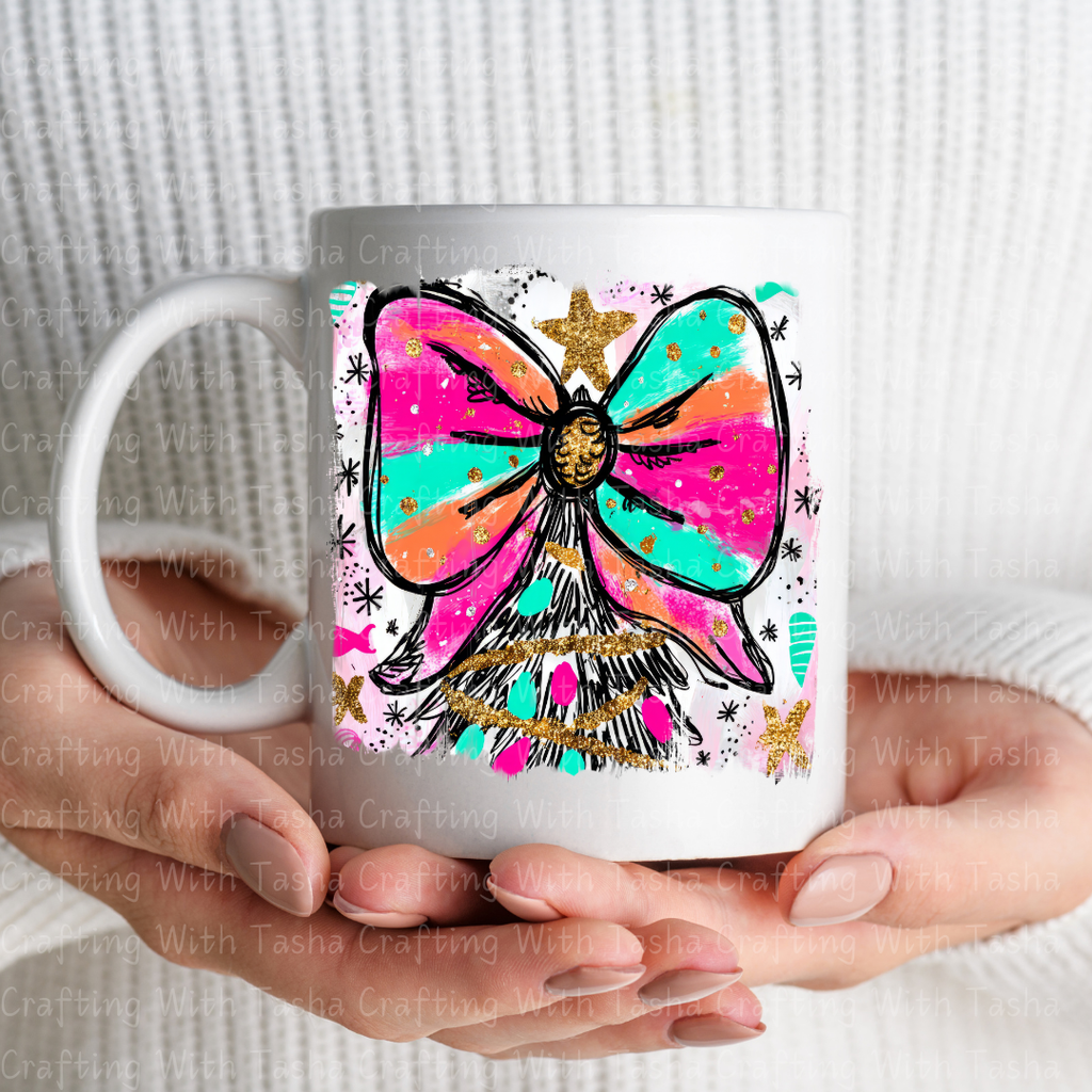 Bright Bow Christmas Tree Design – Glitter Pastel DTF Transfer for Shirts, Hoodies & Tumblers