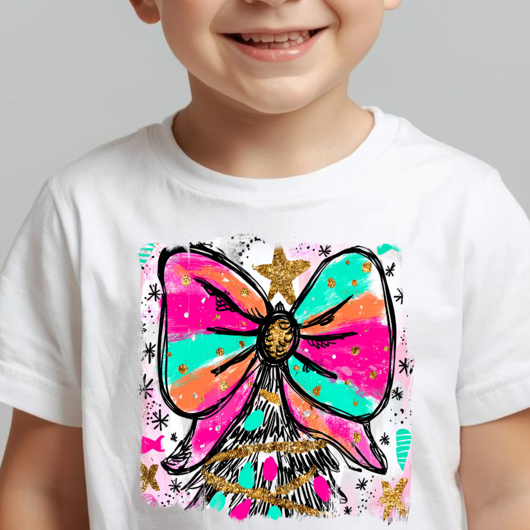 Bright Bow Christmas Tree Design – Glitter Pastel DTF Transfer for Shirts, Hoodies & Tumblers