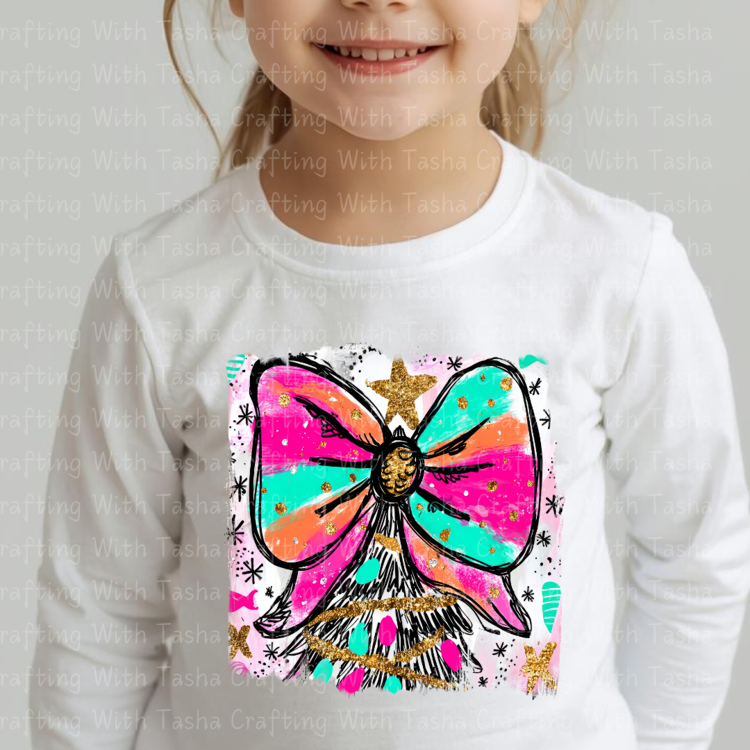 Bright Bow Christmas Tree Design – Glitter Pastel DTF Transfer for Shirts, Hoodies & Tumblers