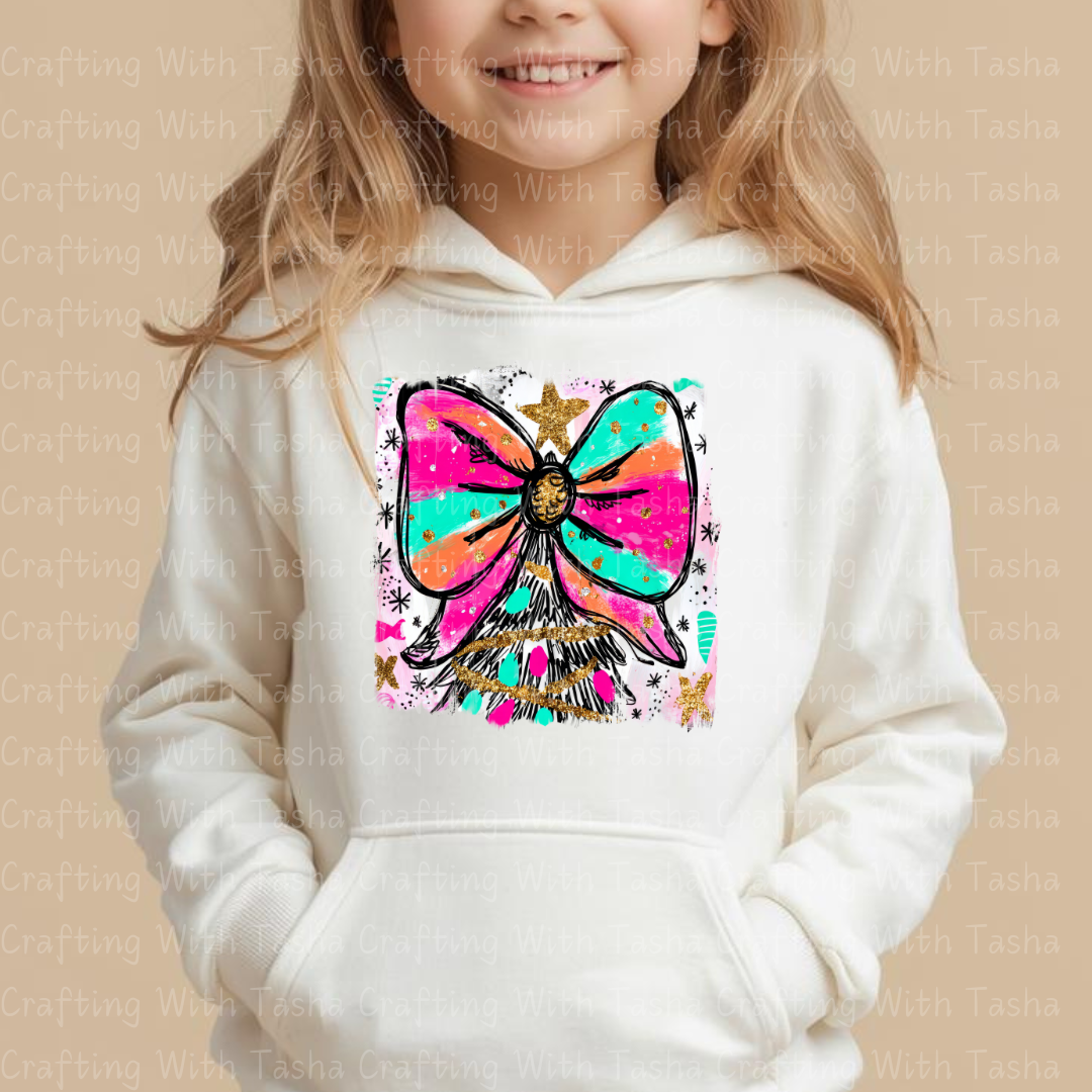 Bright Bow Christmas Tree Design – Glitter Pastel DTF Transfer for Shirts, Hoodies & Tumblers