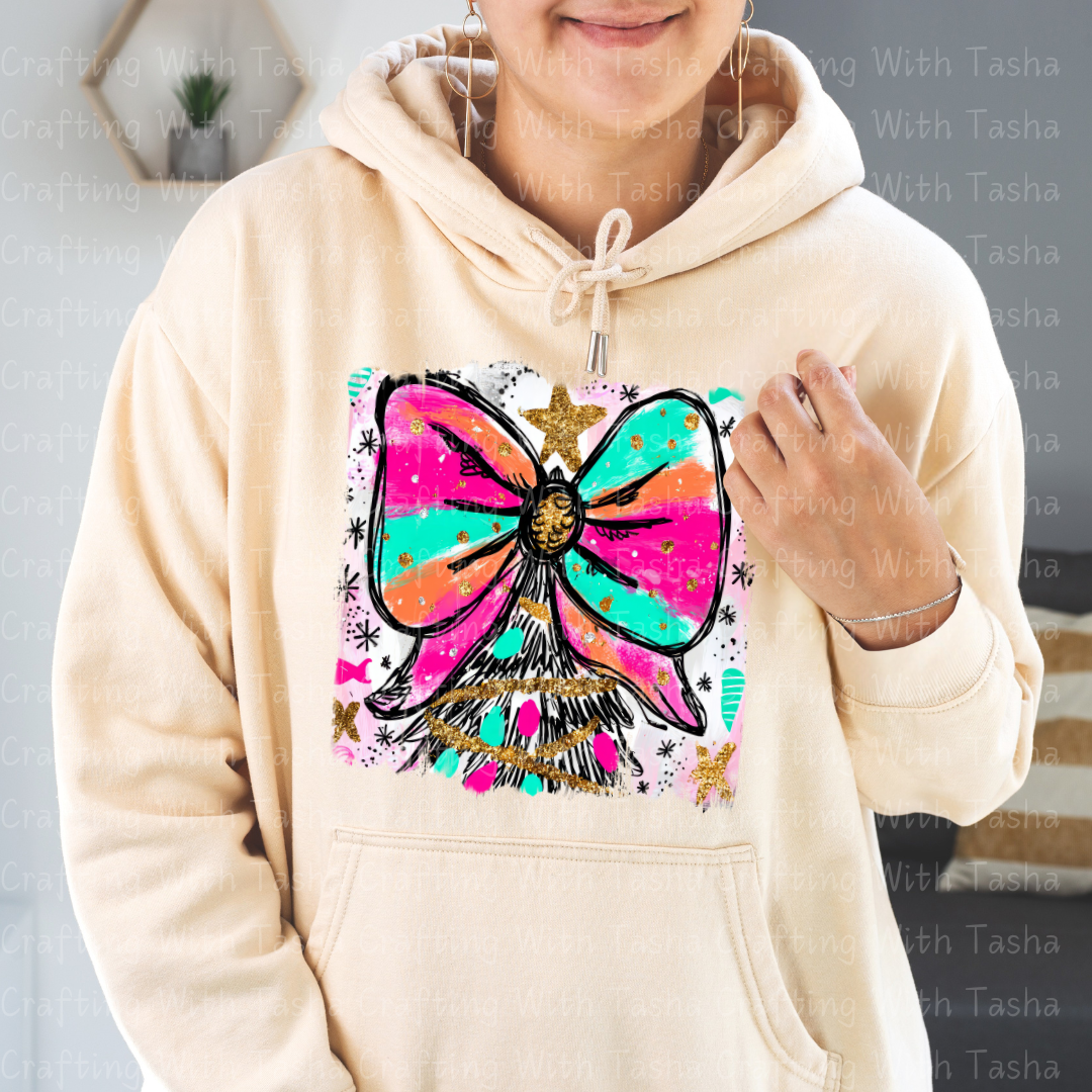 Bright Bow Christmas Tree Design – Glitter Pastel DTF Transfer for Shirts, Hoodies & Tumblers