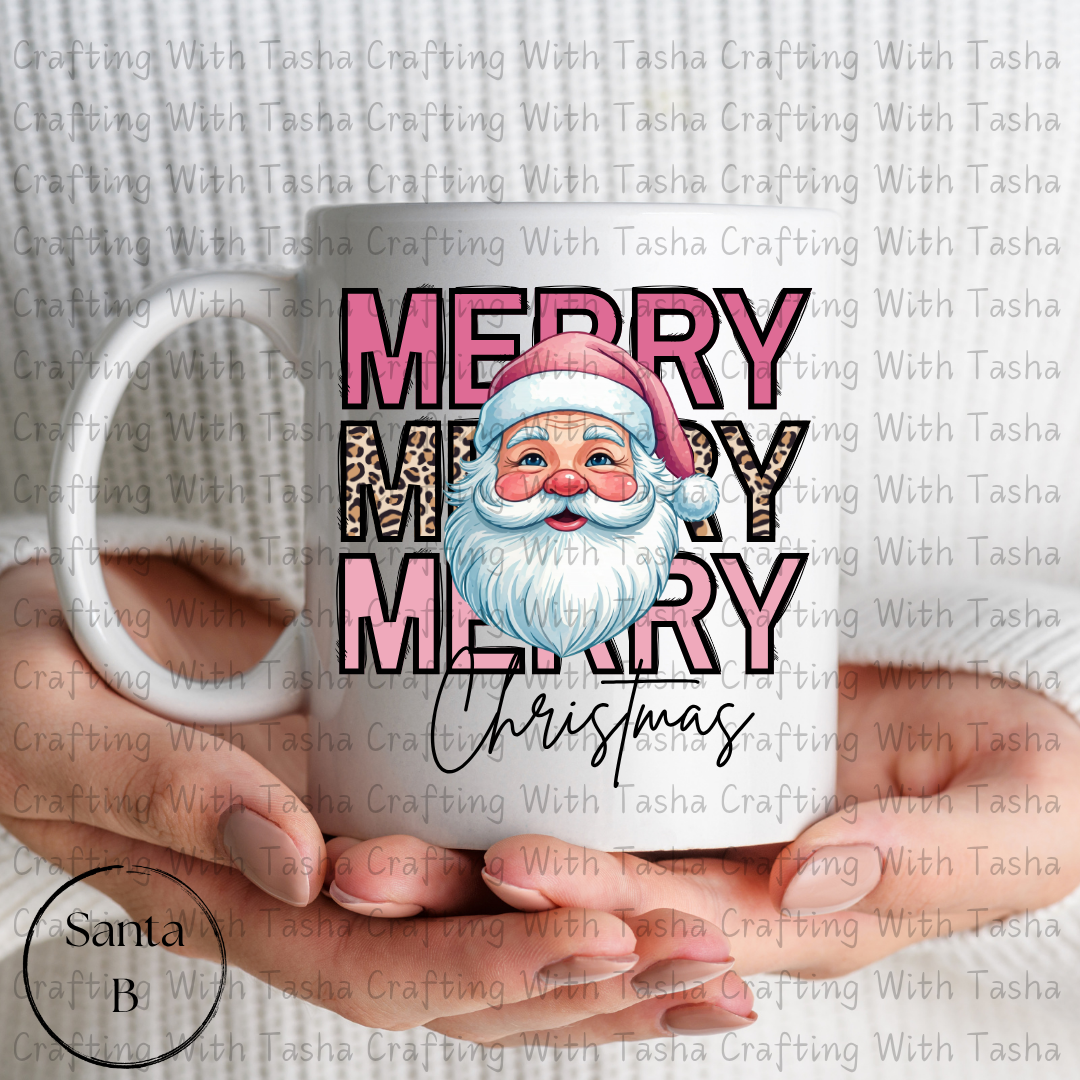 Merry Merry Merry Christmas Santa B with Leopard Print Design – Customizable DTF Transfer, T-Shirt, Crew Neck, Hoodie, or Cup Transfer