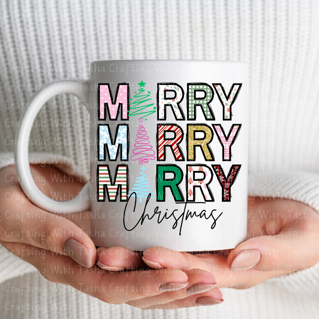 Colorful Patterned Merry Merry Merry Christmas Design – Customizable DTF Transfer, T-Shirt, Crew Neck, Hoodie, or Cup Transfer