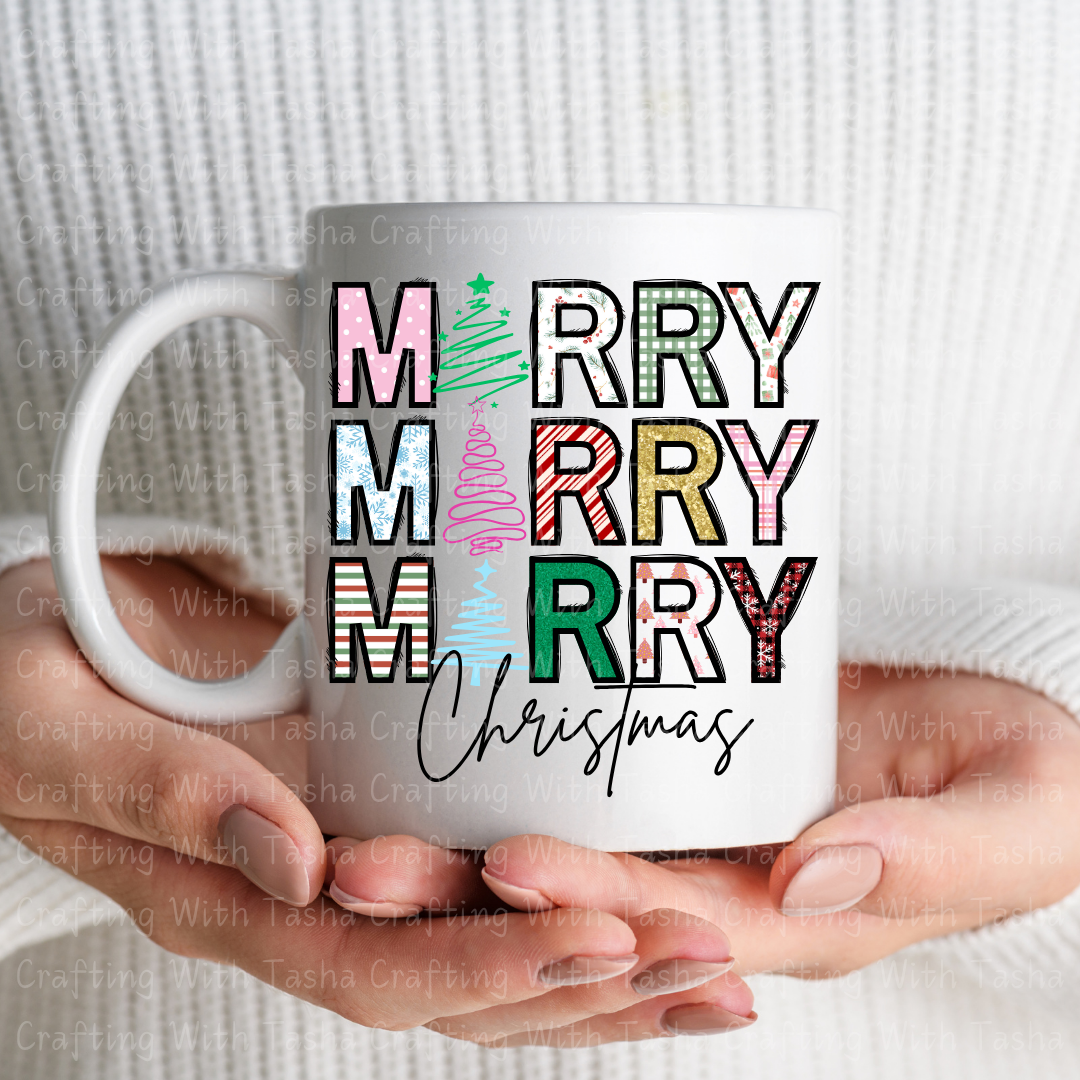 Colorful Patterned Merry Merry Merry Christmas Design – Customizable DTF Transfer, T-Shirt, Crew Neck, Hoodie, or Cup Transfer