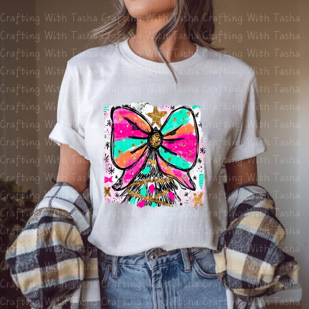 Bright Bow Christmas Tree Design – Glitter Pastel DTF Transfer for Shirts, Hoodies & Tumblers