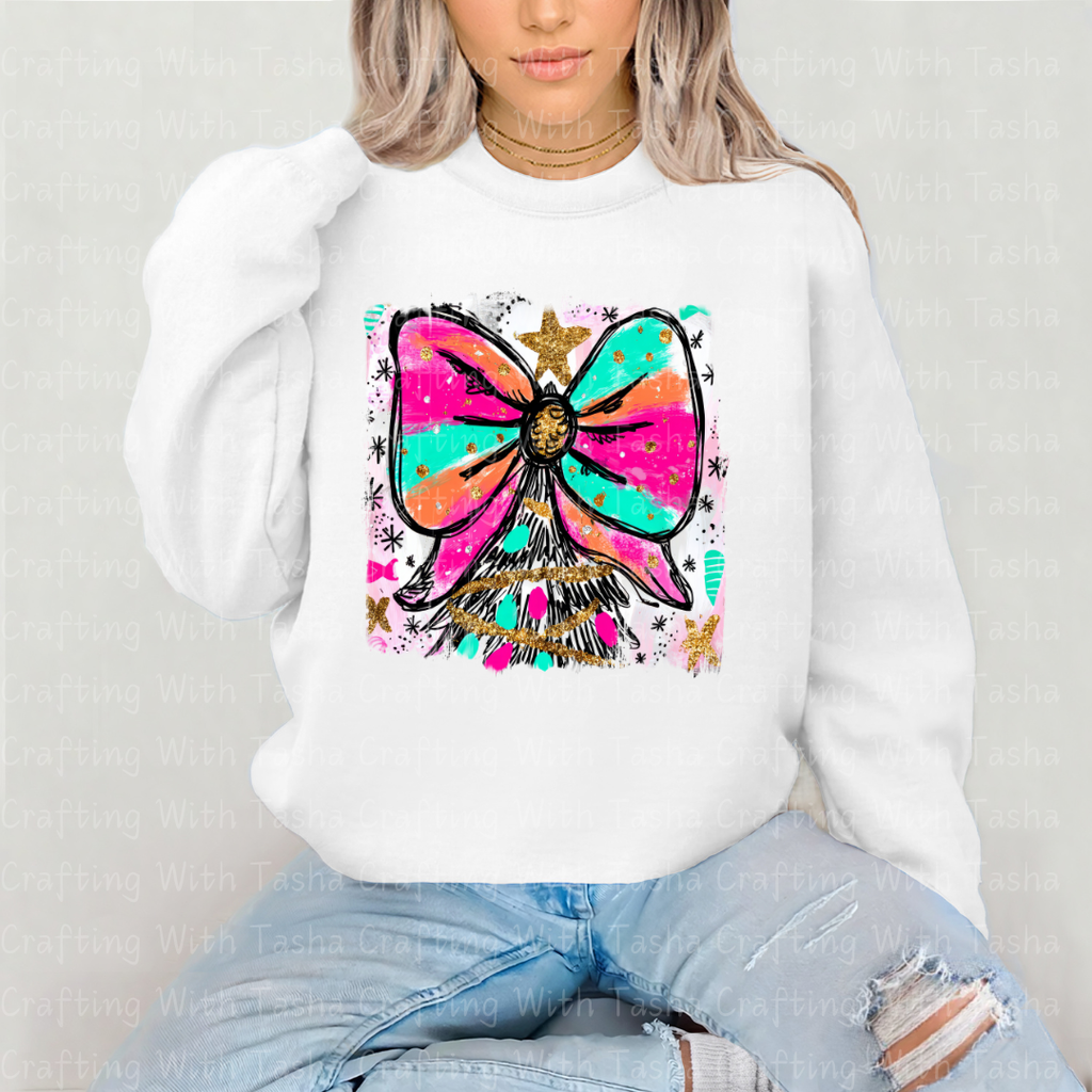 Bright Bow Christmas Tree Design – Glitter Pastel DTF Transfer for Shirts, Hoodies & Tumblers