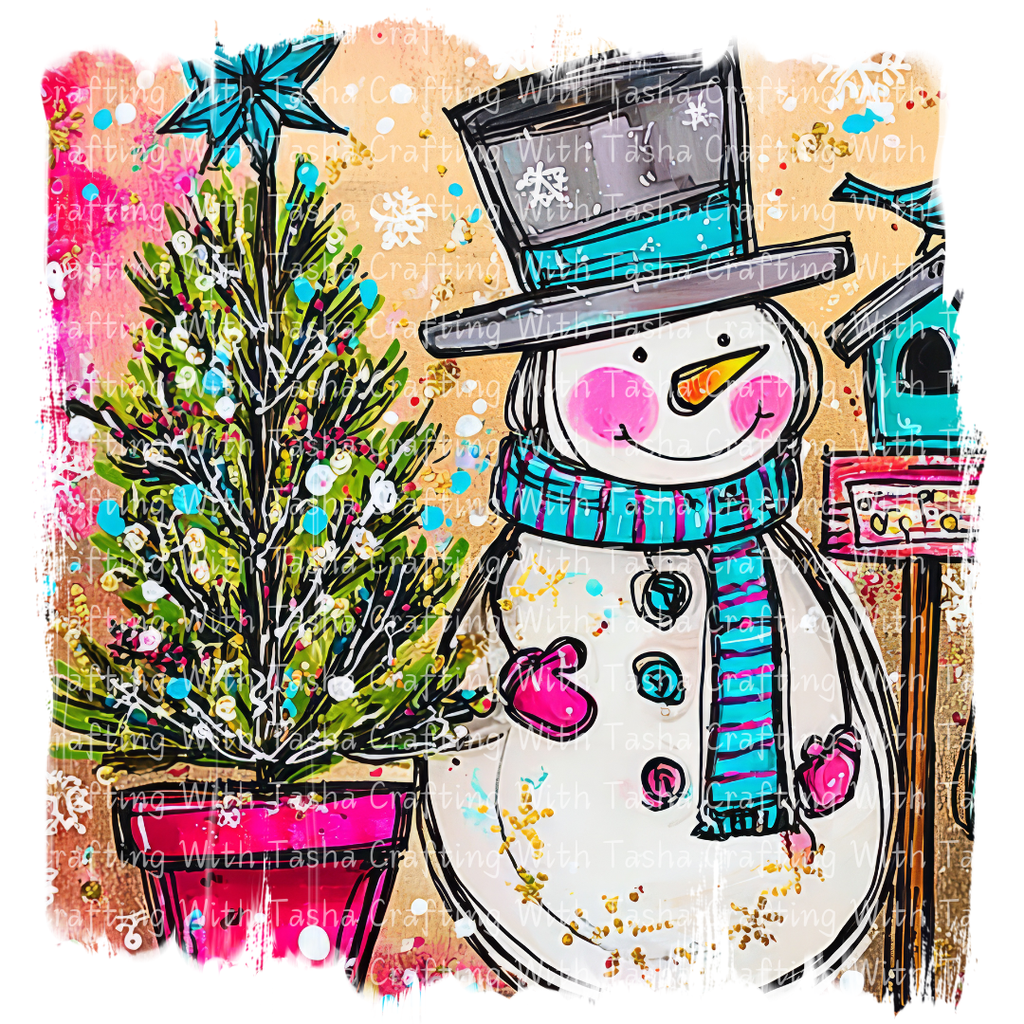 Cozy Snowman & Christmas Tree DTF Transfer – Cute Winter Holiday Shirt Design for Kids & Adults