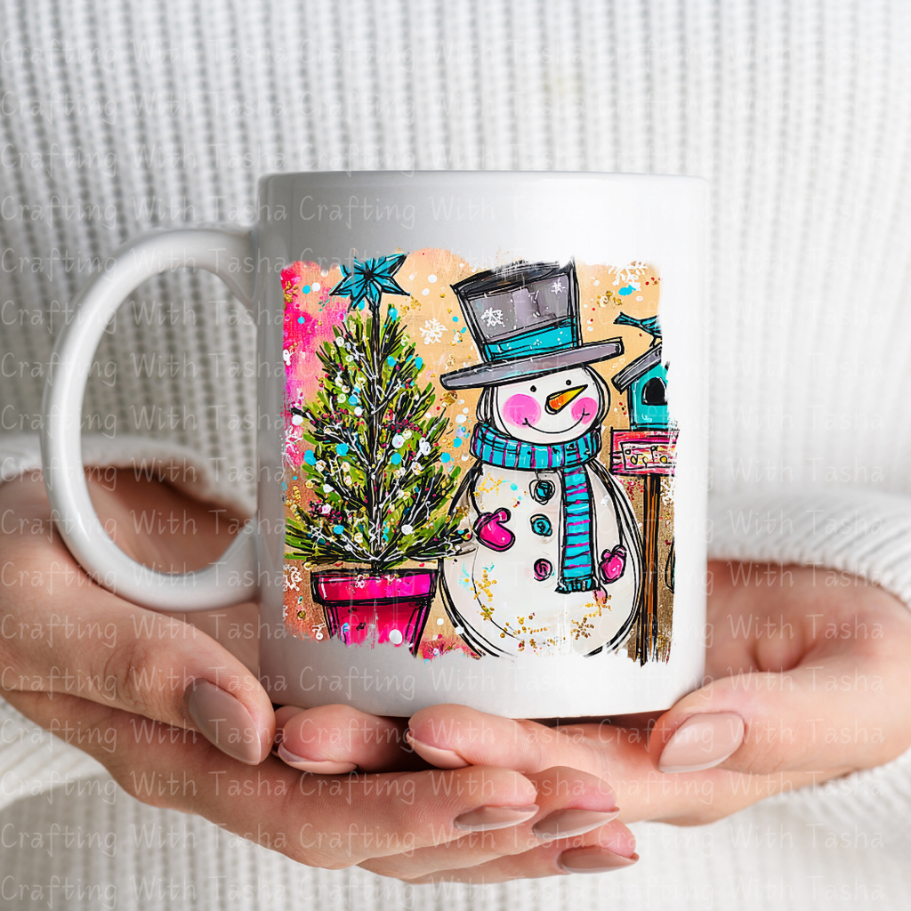 Cozy Snowman & Christmas Tree DTF Transfer – Cute Winter Holiday Shirt Design for Kids & Adults