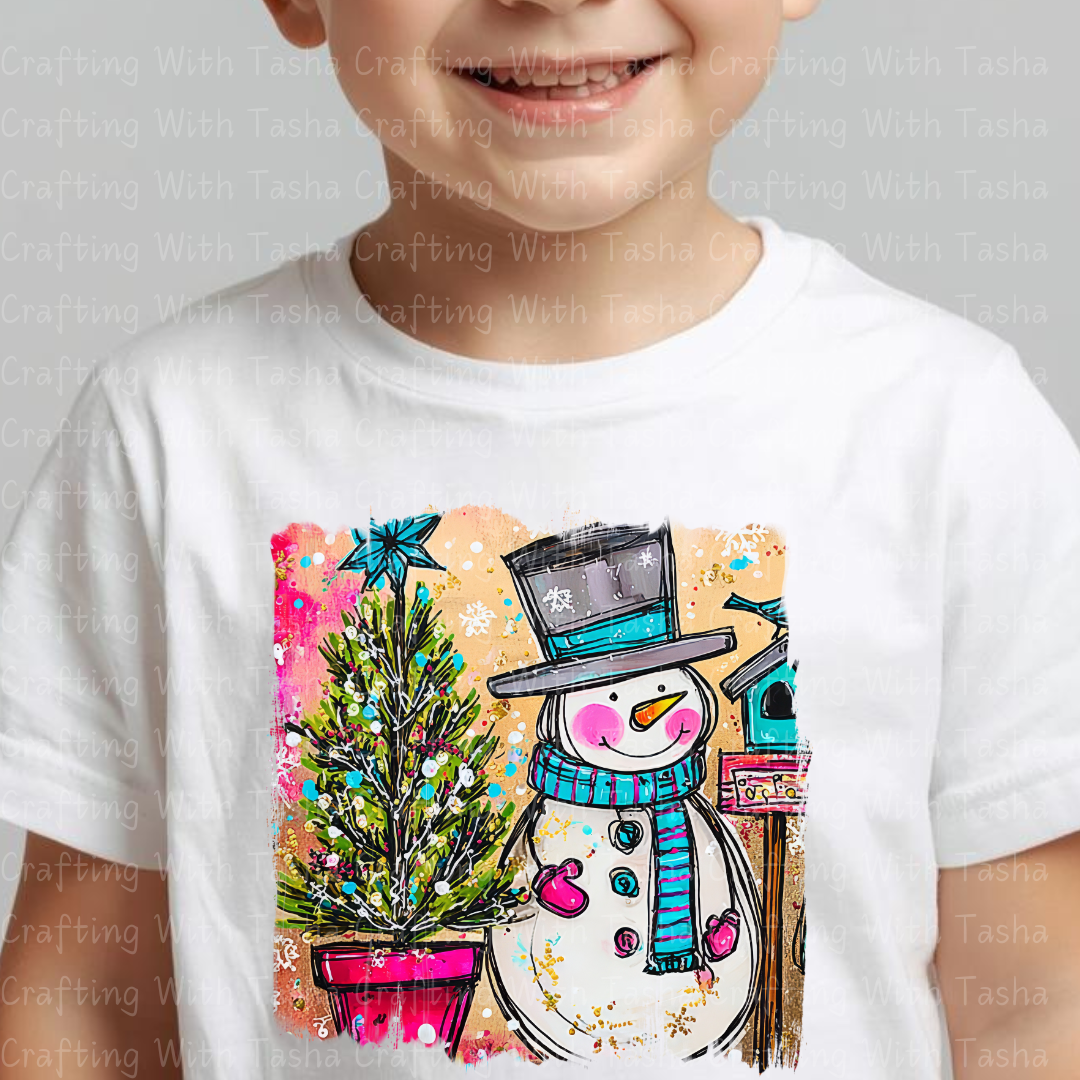 Cozy Snowman & Christmas Tree DTF Transfer – Cute Winter Holiday Shirt Design for Kids & Adults