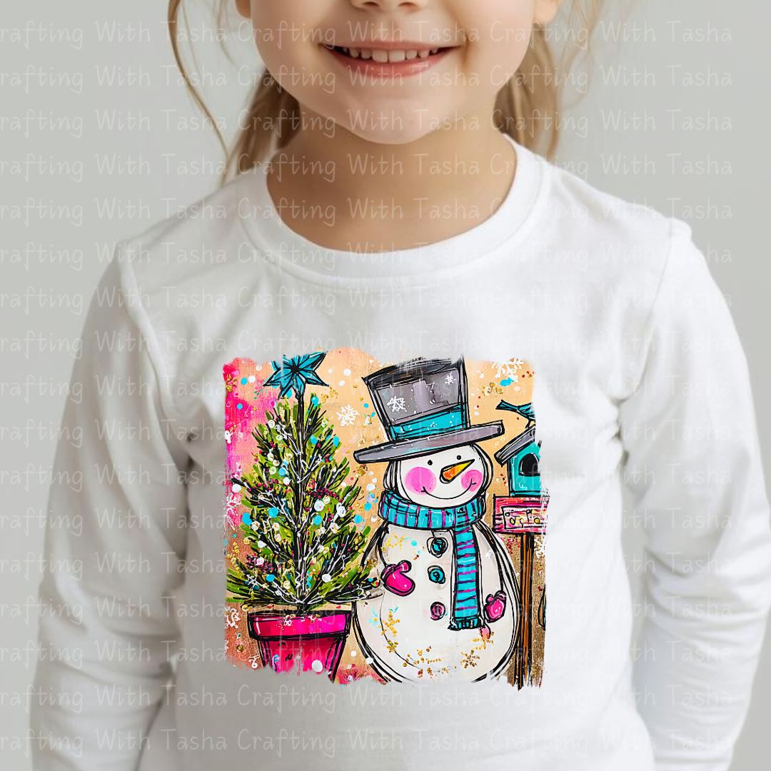 Cozy Snowman & Christmas Tree DTF Transfer – Cute Winter Holiday Shirt Design for Kids & Adults