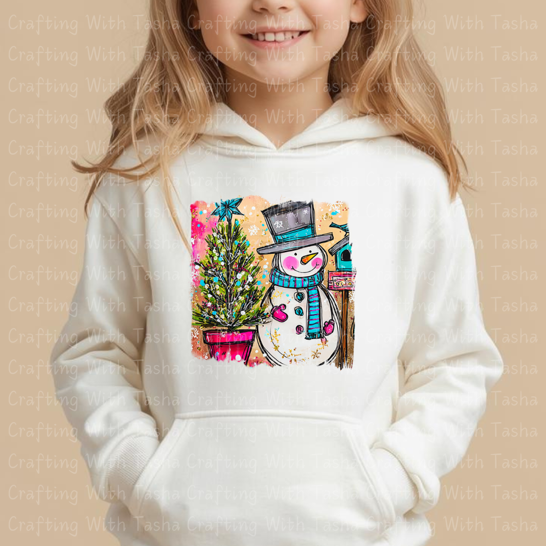 Cozy Snowman & Christmas Tree DTF Transfer – Cute Winter Holiday Shirt Design for Kids & Adults