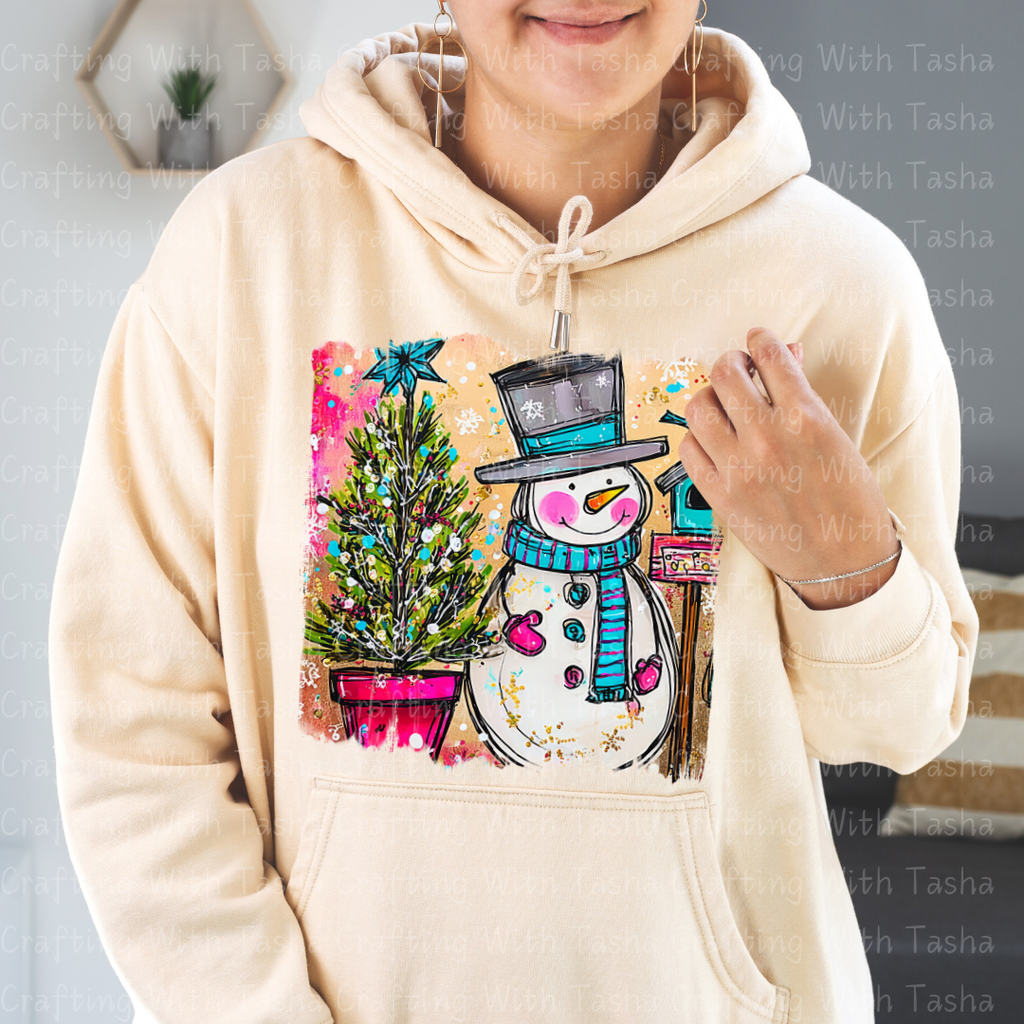 Cozy Snowman & Christmas Tree DTF Transfer – Cute Winter Holiday Shirt Design for Kids & Adults