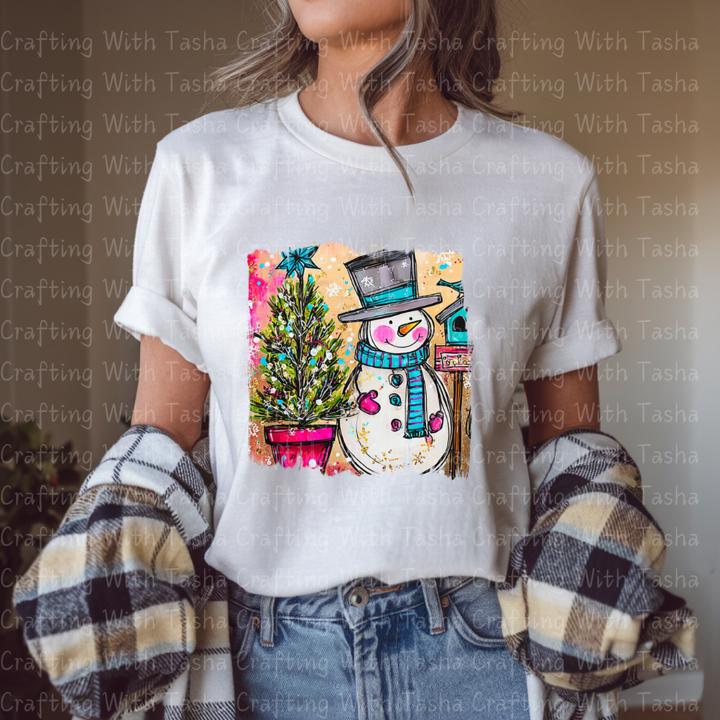 Cozy Snowman & Christmas Tree DTF Transfer – Cute Winter Holiday Shirt Design for Kids & Adults