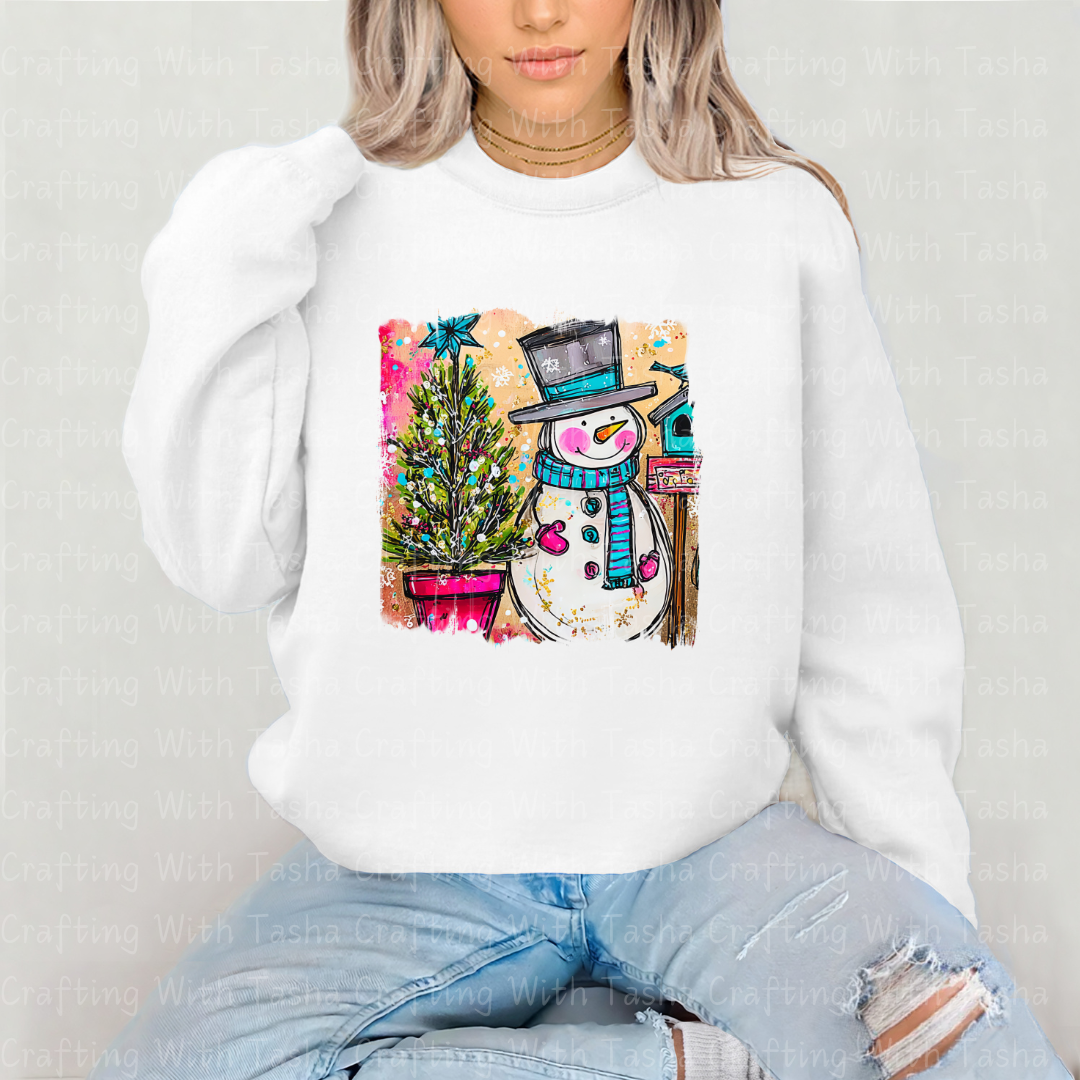 Cozy Snowman & Christmas Tree DTF Transfer – Cute Winter Holiday Shirt Design for Kids & Adults