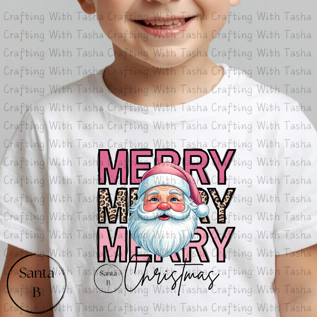 Merry Merry Merry Christmas Santa B with Leopard Print Design – Customizable DTF Transfer, T-Shirt, Crew Neck, Hoodie, or Cup Transfer