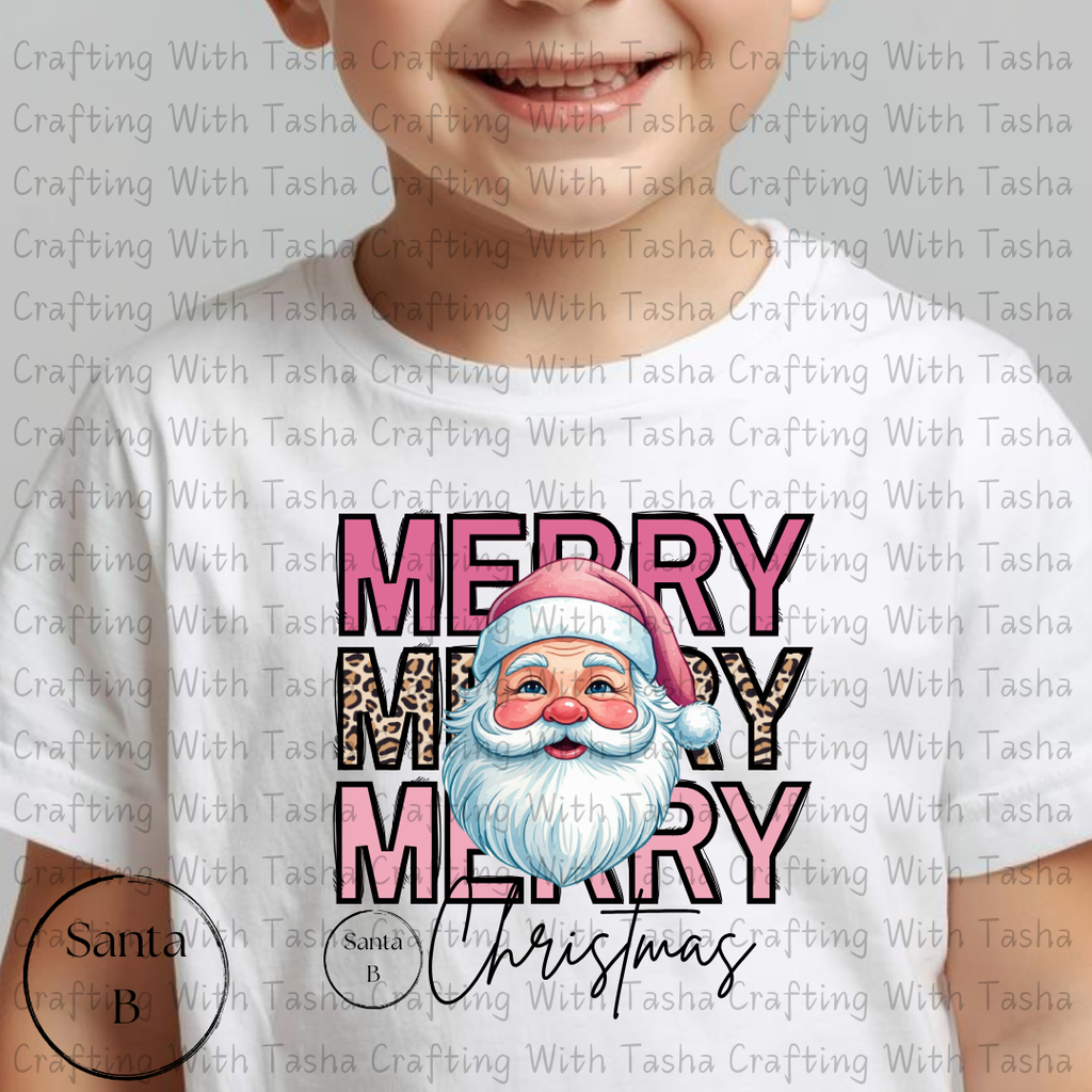 Merry Merry Merry Christmas Santa B with Leopard Print Design – Customizable DTF Transfer, T-Shirt, Crew Neck, Hoodie, or Cup Transfer