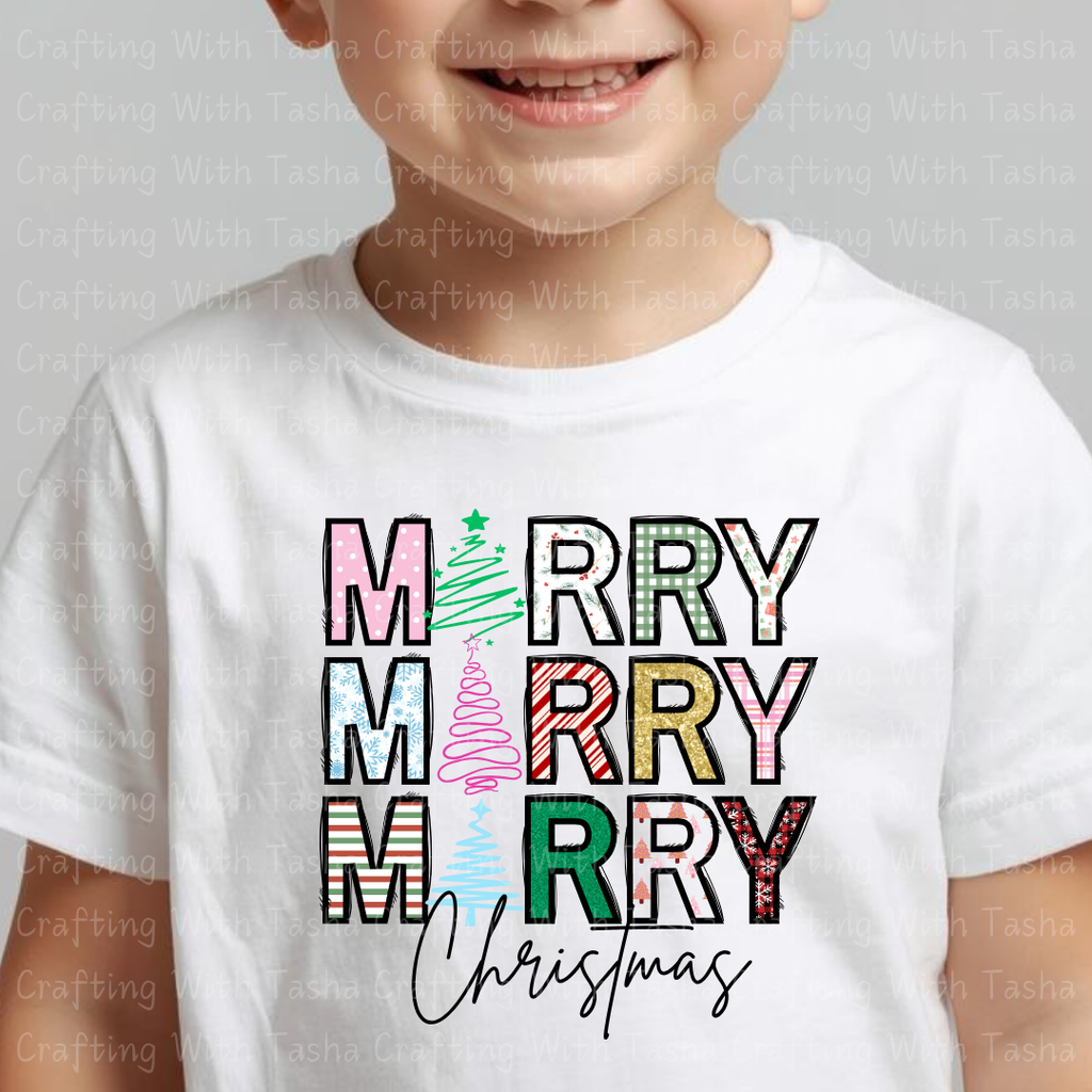 Colorful Patterned Merry Merry Merry Christmas Design – Customizable DTF Transfer, T-Shirt, Crew Neck, Hoodie, or Cup Transfer