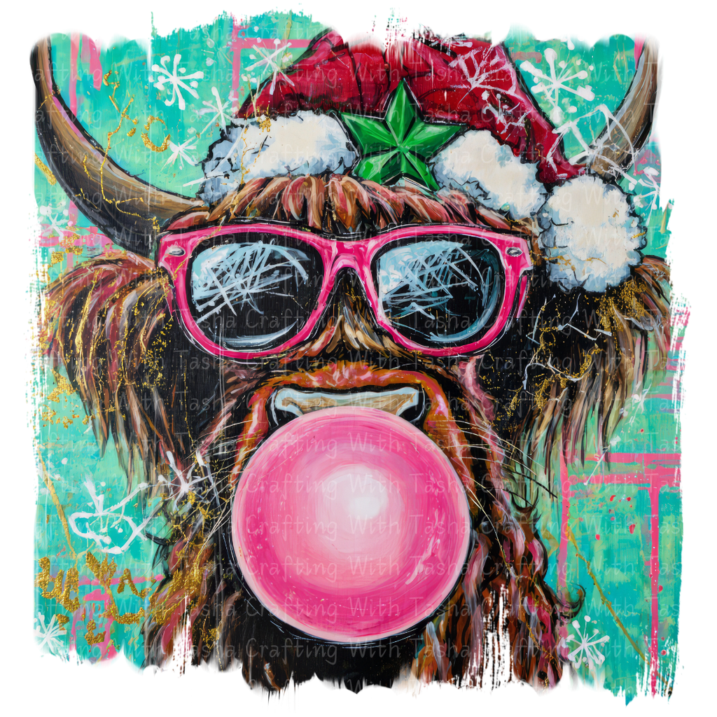 Christmas Highland Cow Bubblegum DTF Transfer – Pink Glasses Holiday Cow Shirt Design