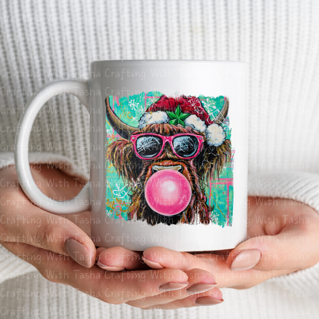 Christmas Highland Cow Bubblegum DTF Transfer – Pink Glasses Holiday Cow Shirt Design