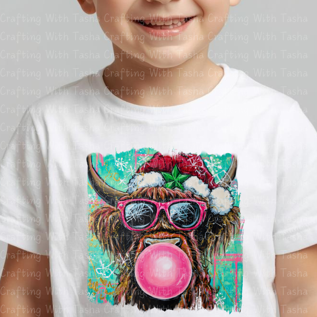Christmas Highland Cow Bubblegum DTF Transfer – Pink Glasses Holiday Cow Shirt Design