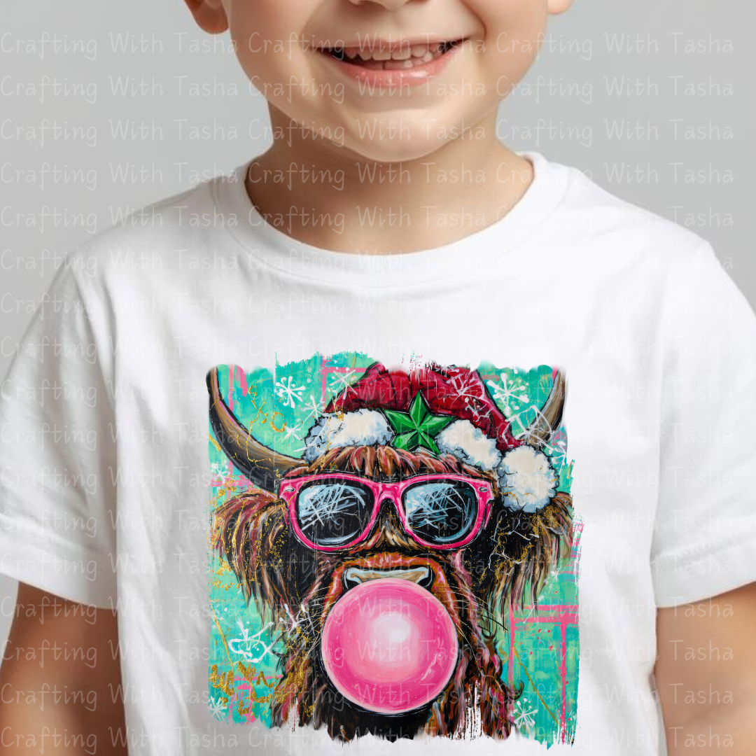 Christmas Highland Cow Bubblegum DTF Transfer – Pink Glasses Holiday Cow Shirt Design