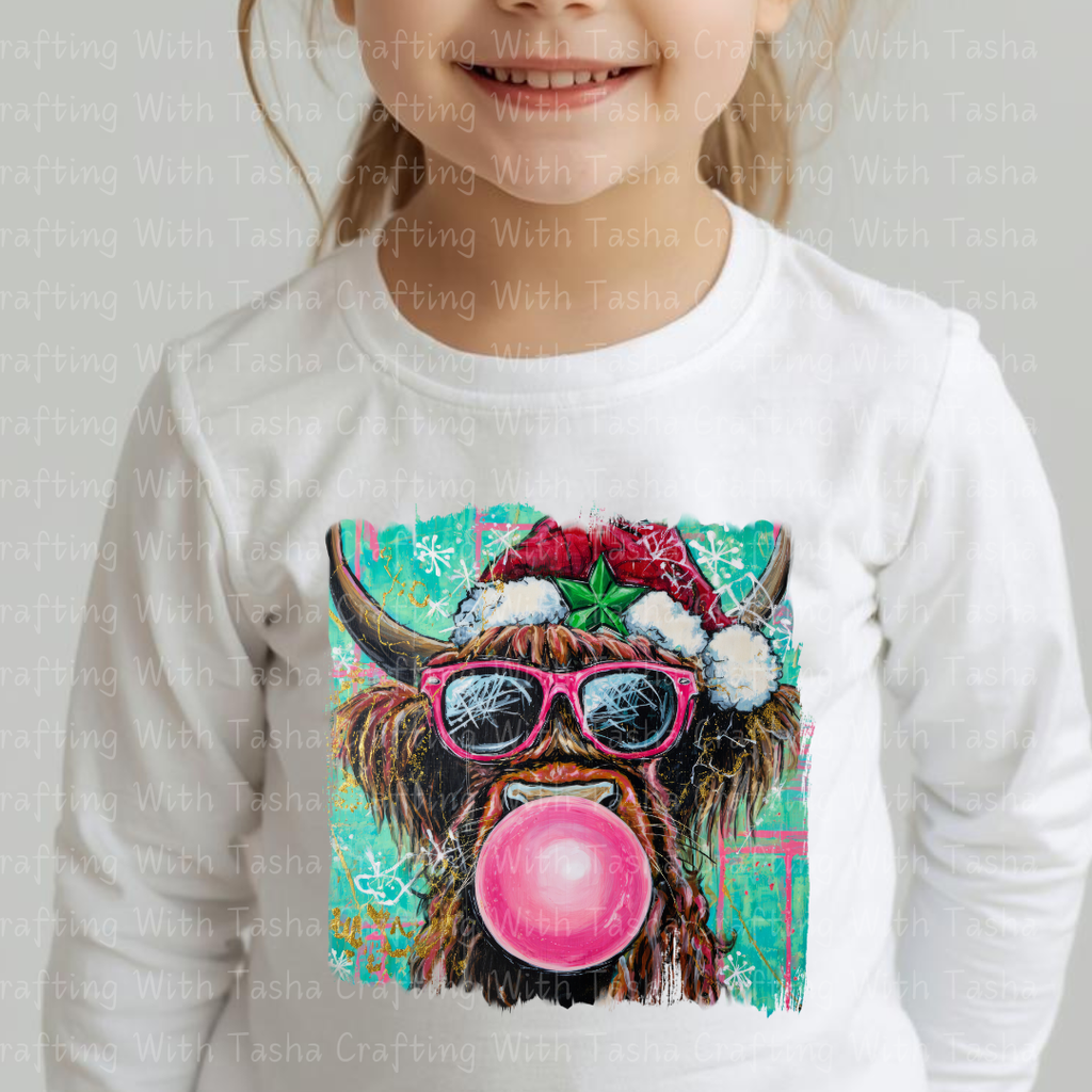 Christmas Highland Cow Bubblegum DTF Transfer – Pink Glasses Holiday Cow Shirt Design