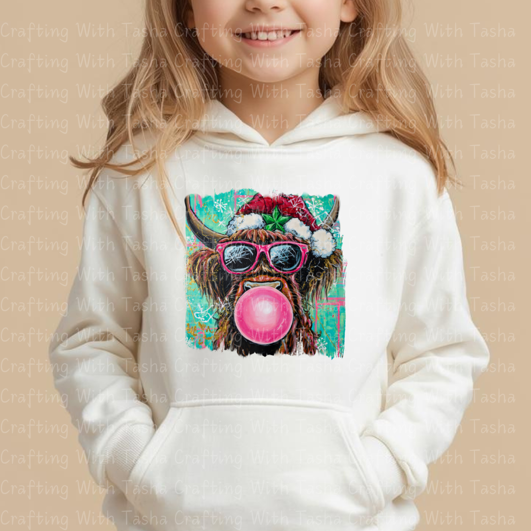 Christmas Highland Cow Bubblegum DTF Transfer – Pink Glasses Holiday Cow Shirt Design