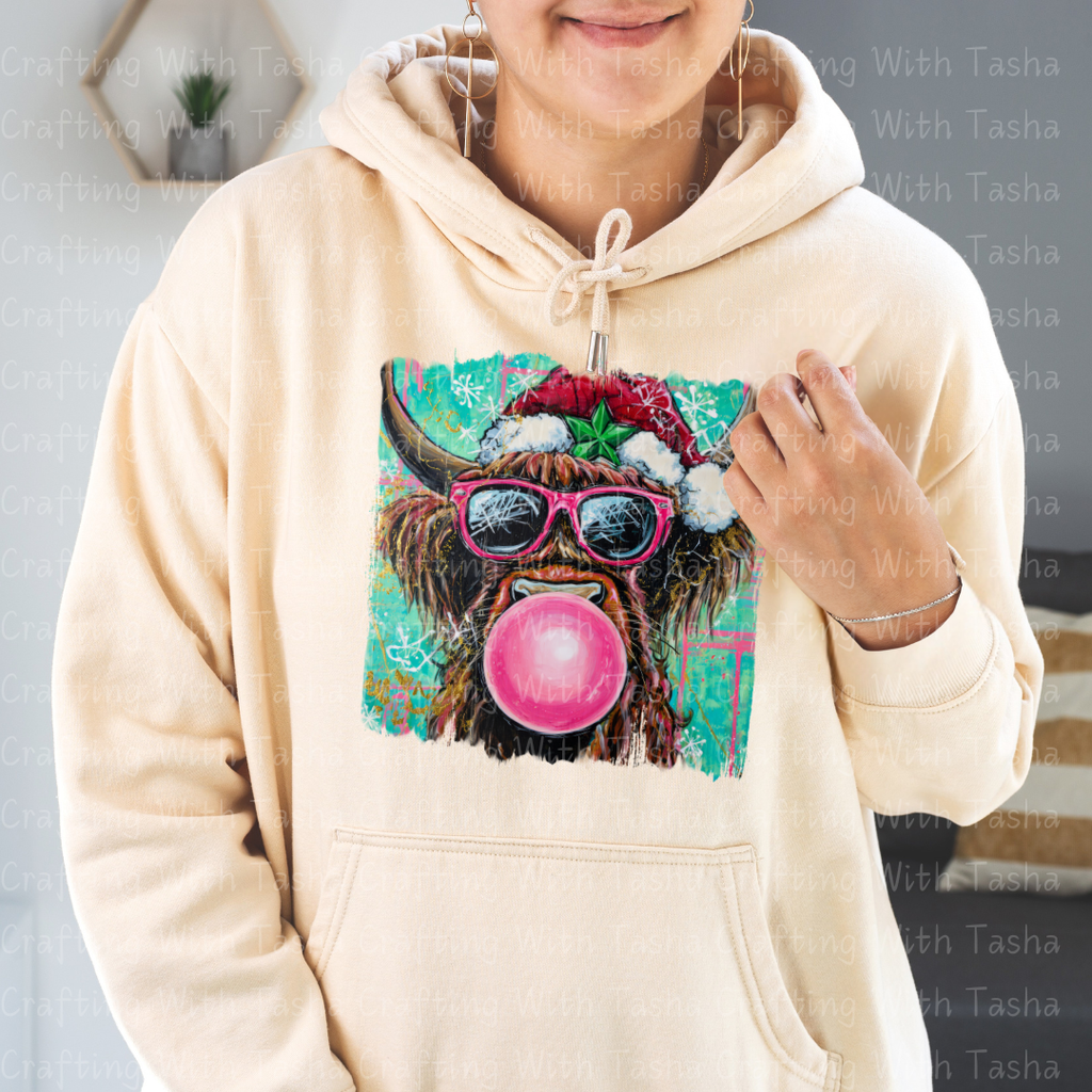 Christmas Highland Cow Bubblegum DTF Transfer – Pink Glasses Holiday Cow Shirt Design