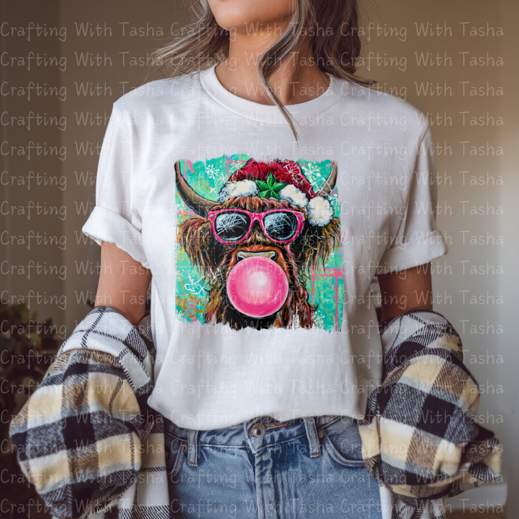 Christmas Highland Cow Bubblegum DTF Transfer – Pink Glasses Holiday Cow Shirt Design