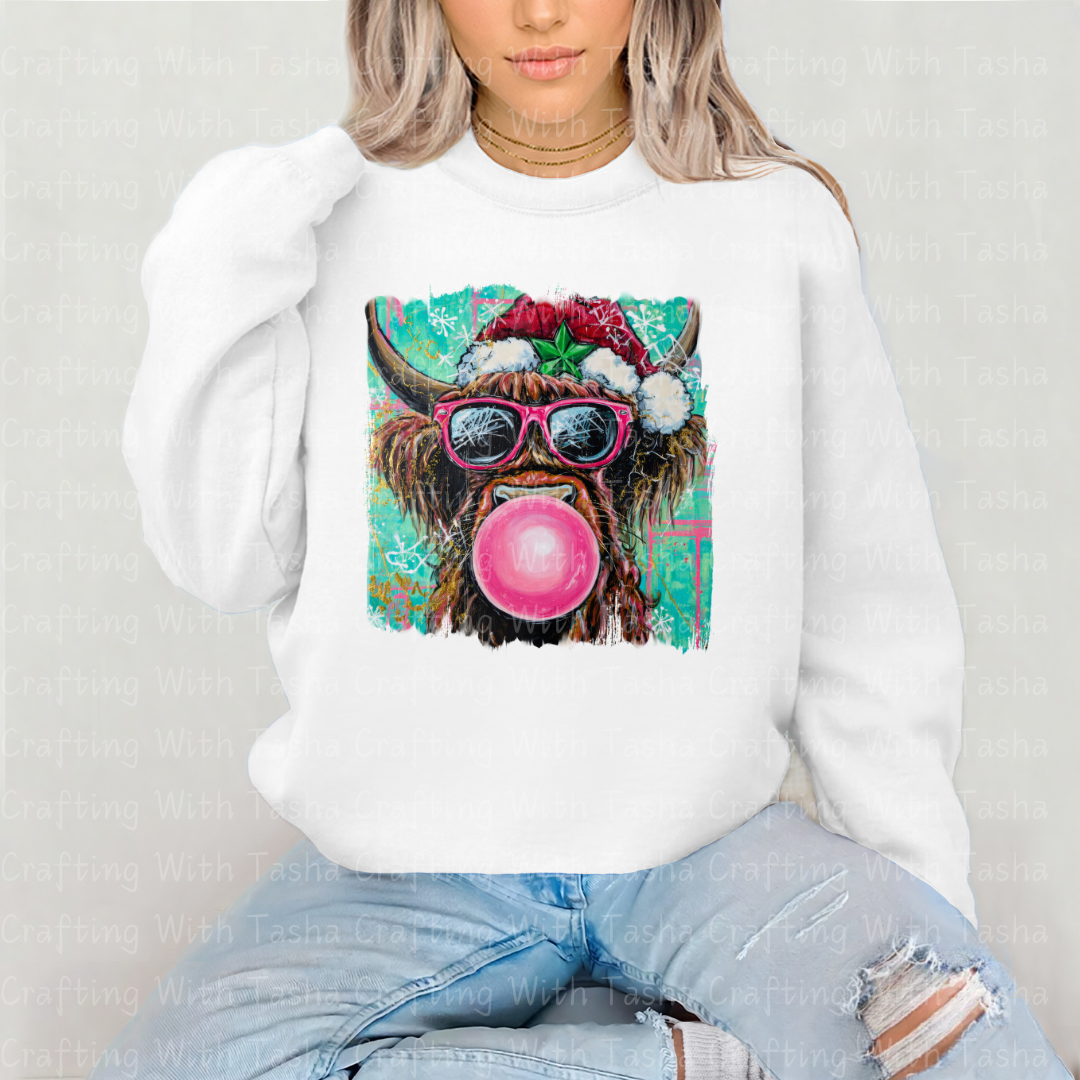 Christmas Highland Cow Bubblegum DTF Transfer – Pink Glasses Holiday Cow Shirt Design