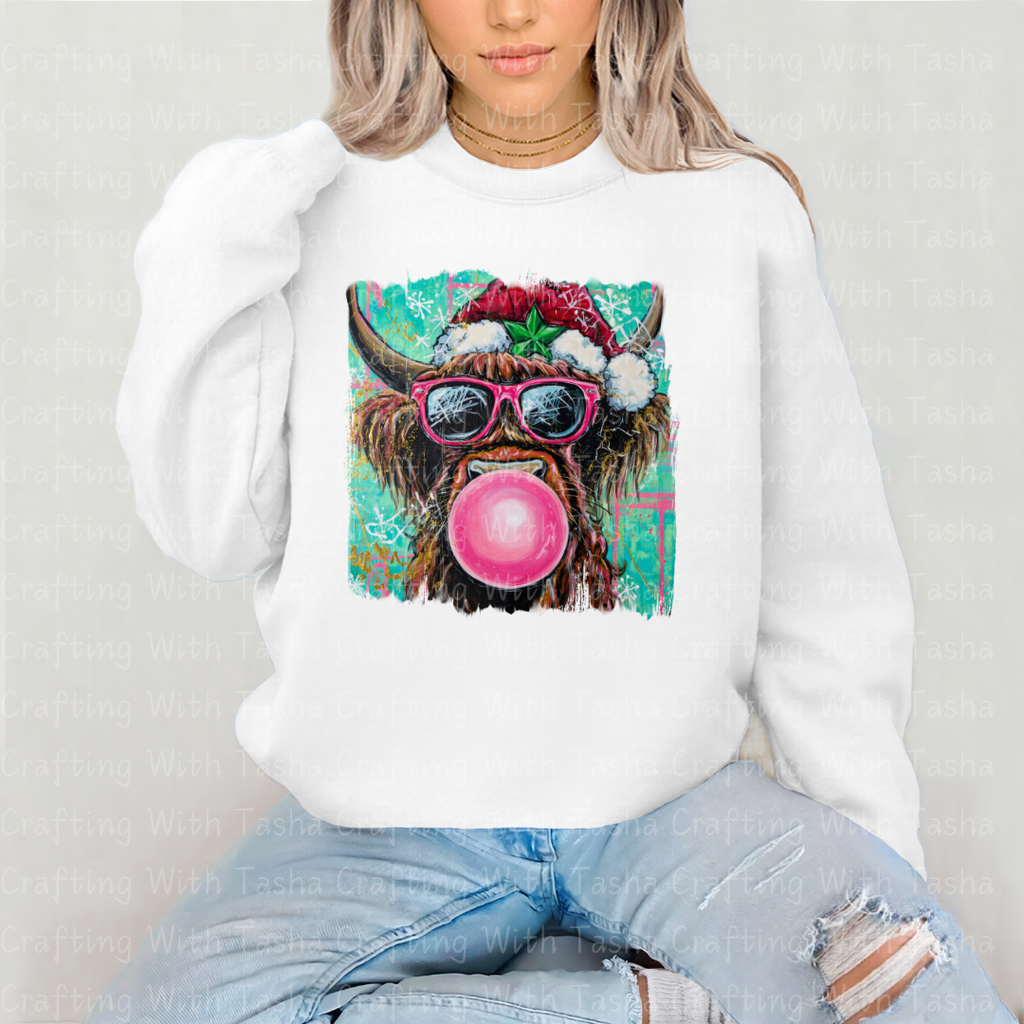 Christmas Highland Cow Bubblegum DTF Transfer – Pink Glasses Holiday Cow Shirt Design