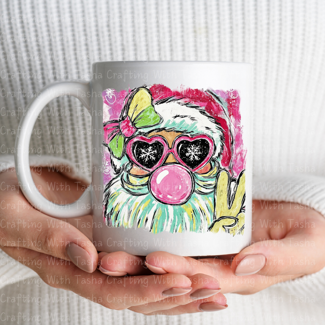 Bubblegum Santa Peace Sign DTF Transfer – Retro Pink Christmas Gnome Design