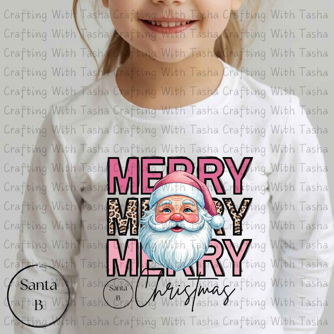 Merry Merry Merry Christmas Santa B with Leopard Print Design – Customizable DTF Transfer, T-Shirt, Crew Neck, Hoodie, or Cup Transfer