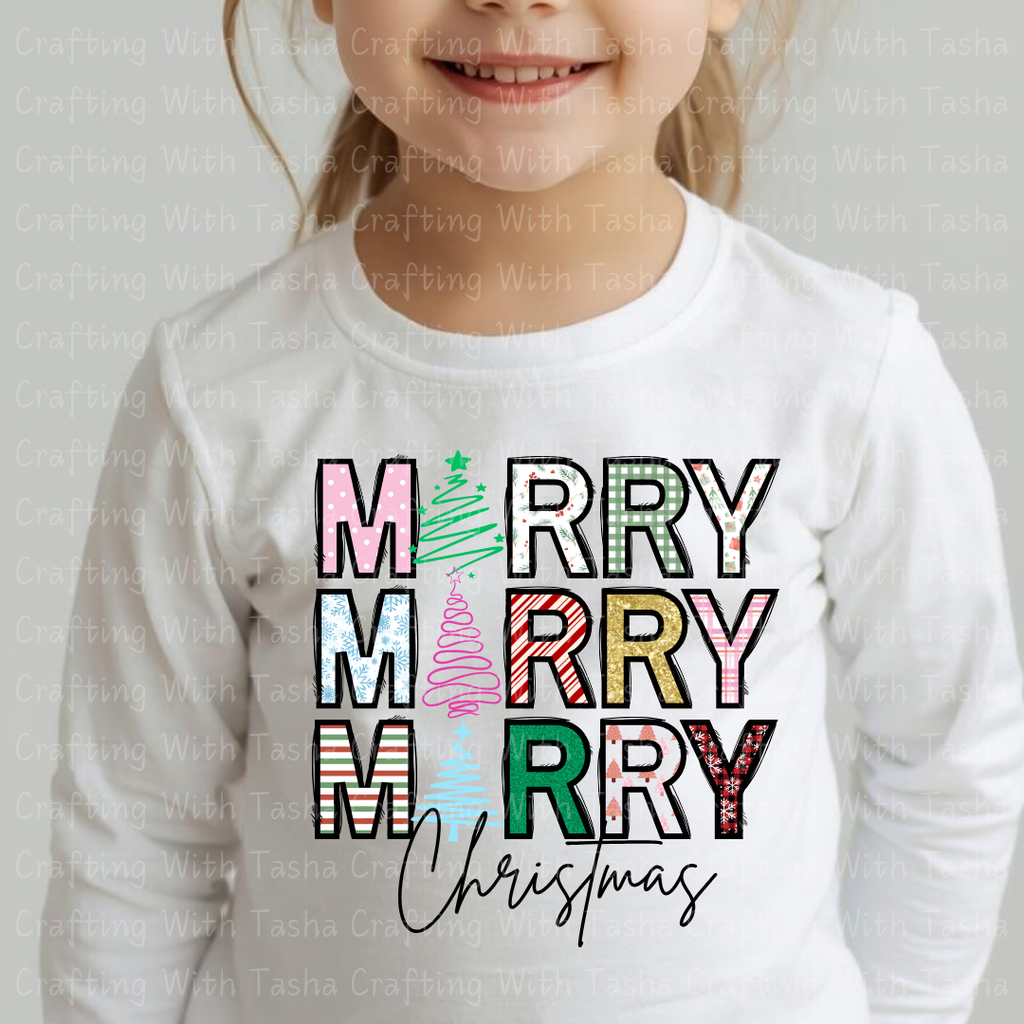 Colorful Patterned Merry Merry Merry Christmas Design – Customizable DTF Transfer, T-Shirt, Crew Neck, Hoodie, or Cup Transfer